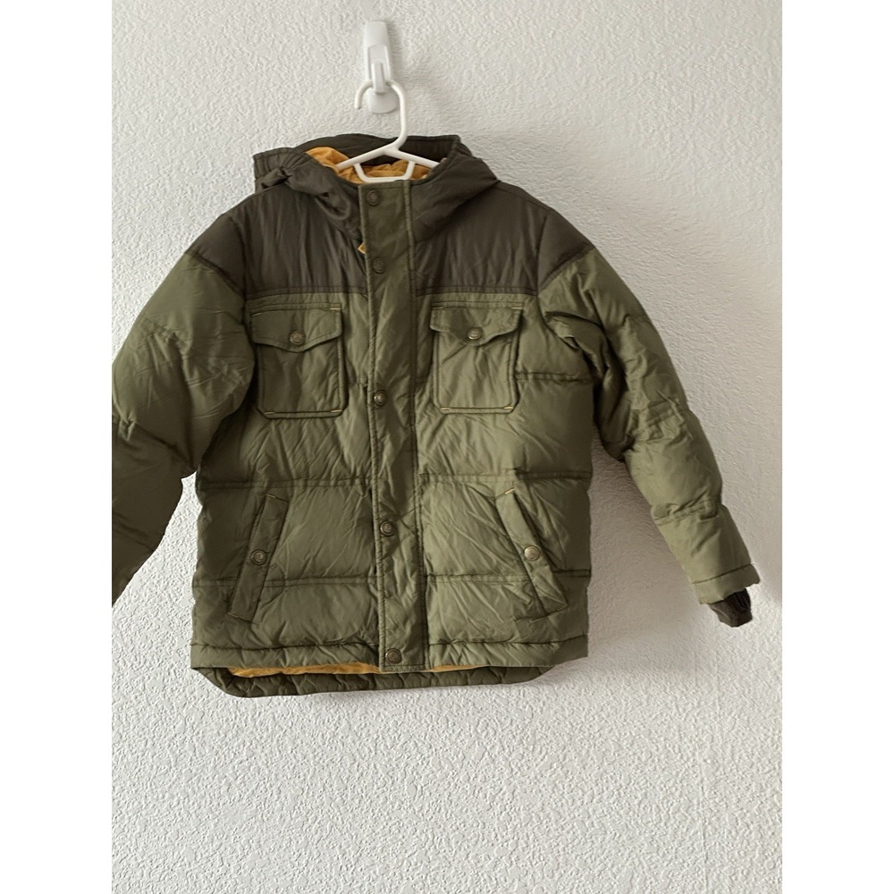 Lands End Kids Size L/7 Green Down Puffer Jacket Hood Pockets Winter Warm Coat